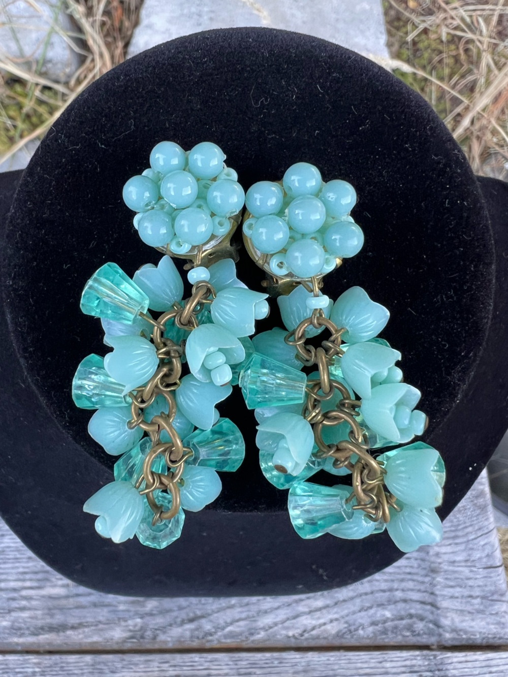 Vintage Aqua Floral Cluster Drop Earrings - clip- on.  Women Jewelry